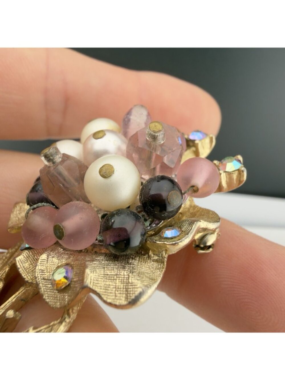 Vintage Coro Floral Brooch Rhinestone Faux Pearls AB Purple Bouquet Glass Bead - Picture 3 of 10